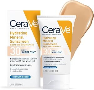 CeraVe Hydrating Mineral Sunscreen SPF 30 with Sheer Tint, Tinted Mineral Sunscreen with Z