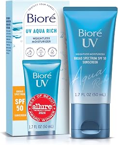 Biore UV Aqua Rich Daily Hydrating Facial Moisturizer with SPF 50 | Oil Free Sunscreen &am